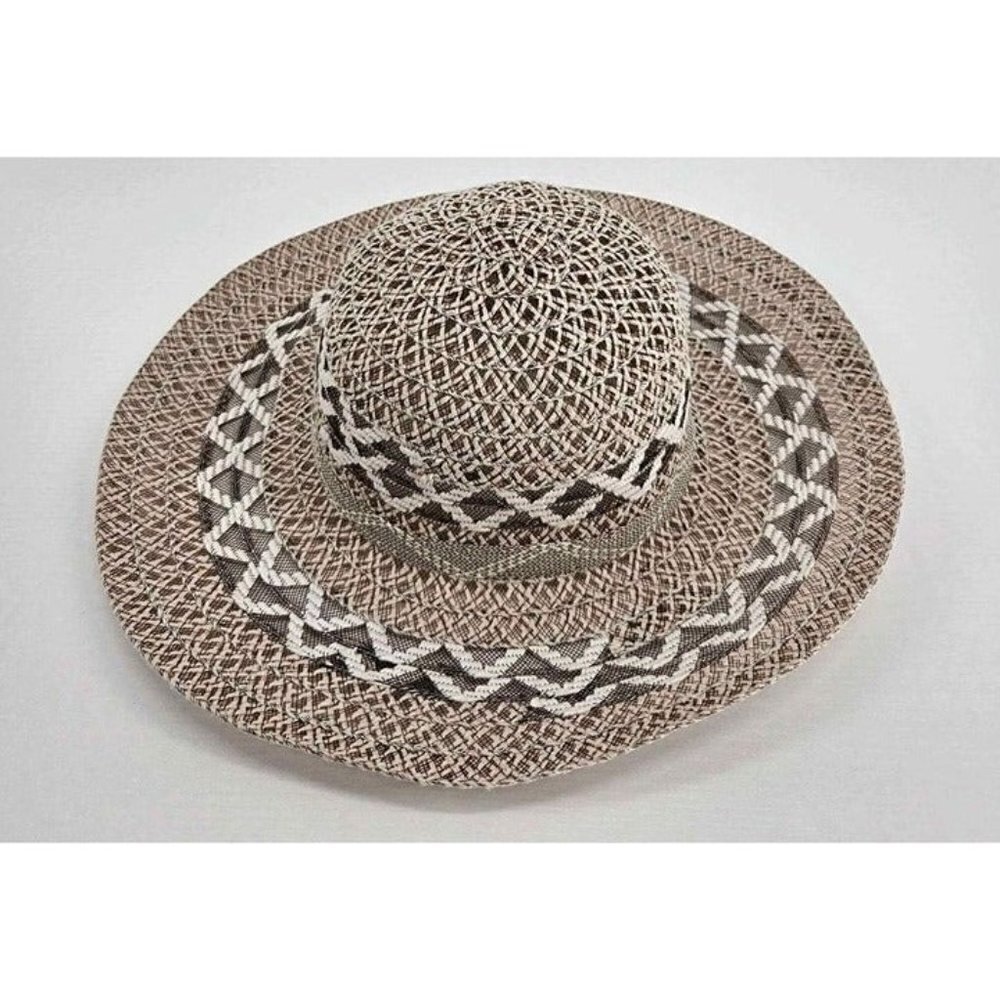 Womens Wide Brim Straw Light Brown Sun Hat Zig Zag Design Bow Accent Chin Strap